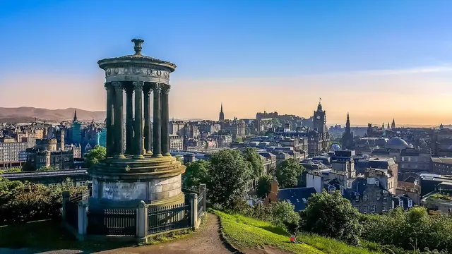 Edinburgh skyline and historic buildings viewed from Calton Hill