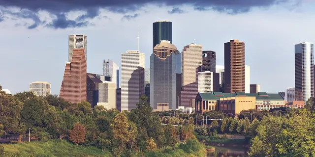 Downtown Houston skyline viewed across Buffalo Bayou