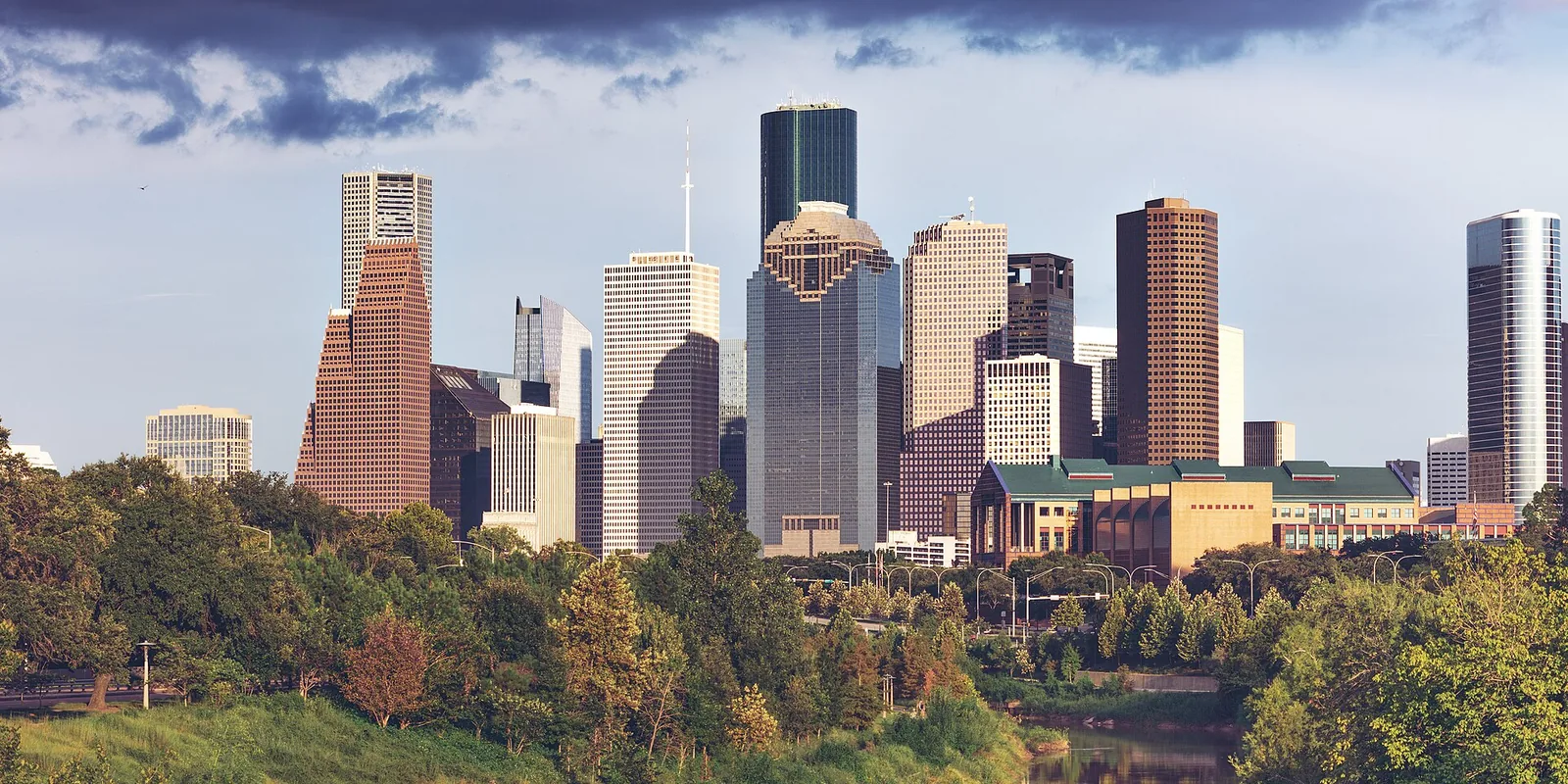 Downtown Houston skyline viewed across Buffalo Bayou