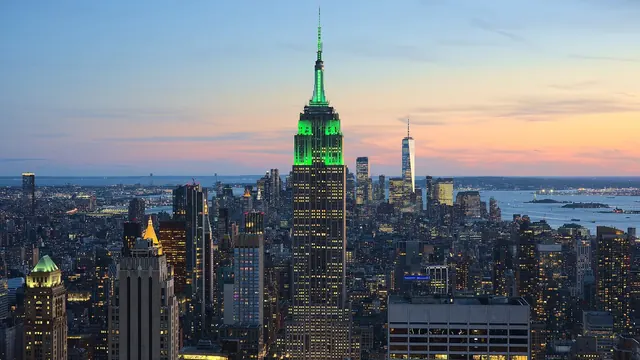 Empire State Building and Manhattan skyline at sunset from Rockefeller Center
