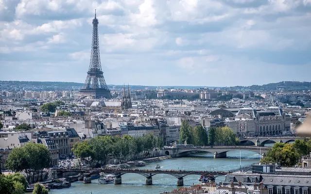 Eiffel Tower and Paris rooftops viewed from the Tour Saint-Jacques