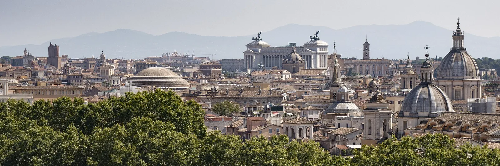 Rome skyline with historic rooftops, church domes and trees