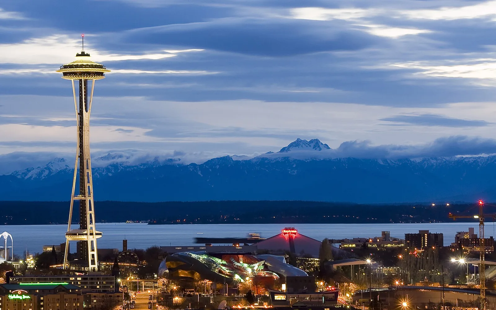 Seattle Center and the Space Needle as night falls