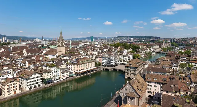 Zurich old town and river with historic church towers
