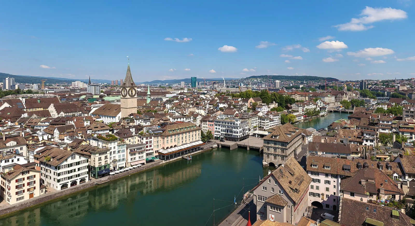 Zurich old town and river with historic church towers