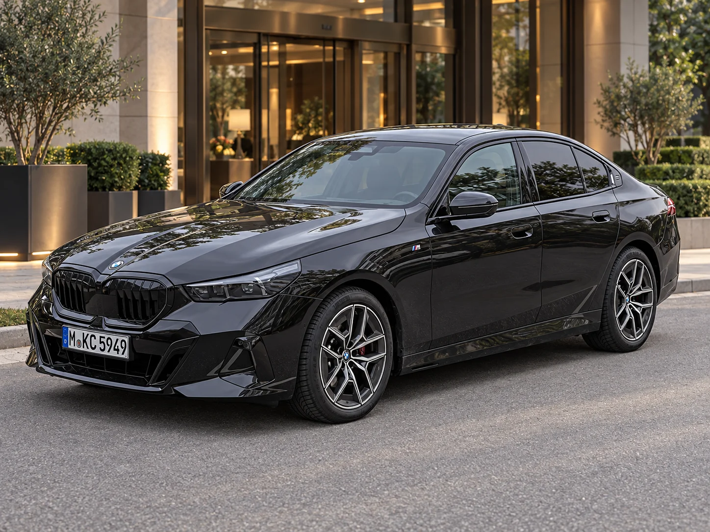 Black BMW 5 Series G60 sedan, full front three-quarter view