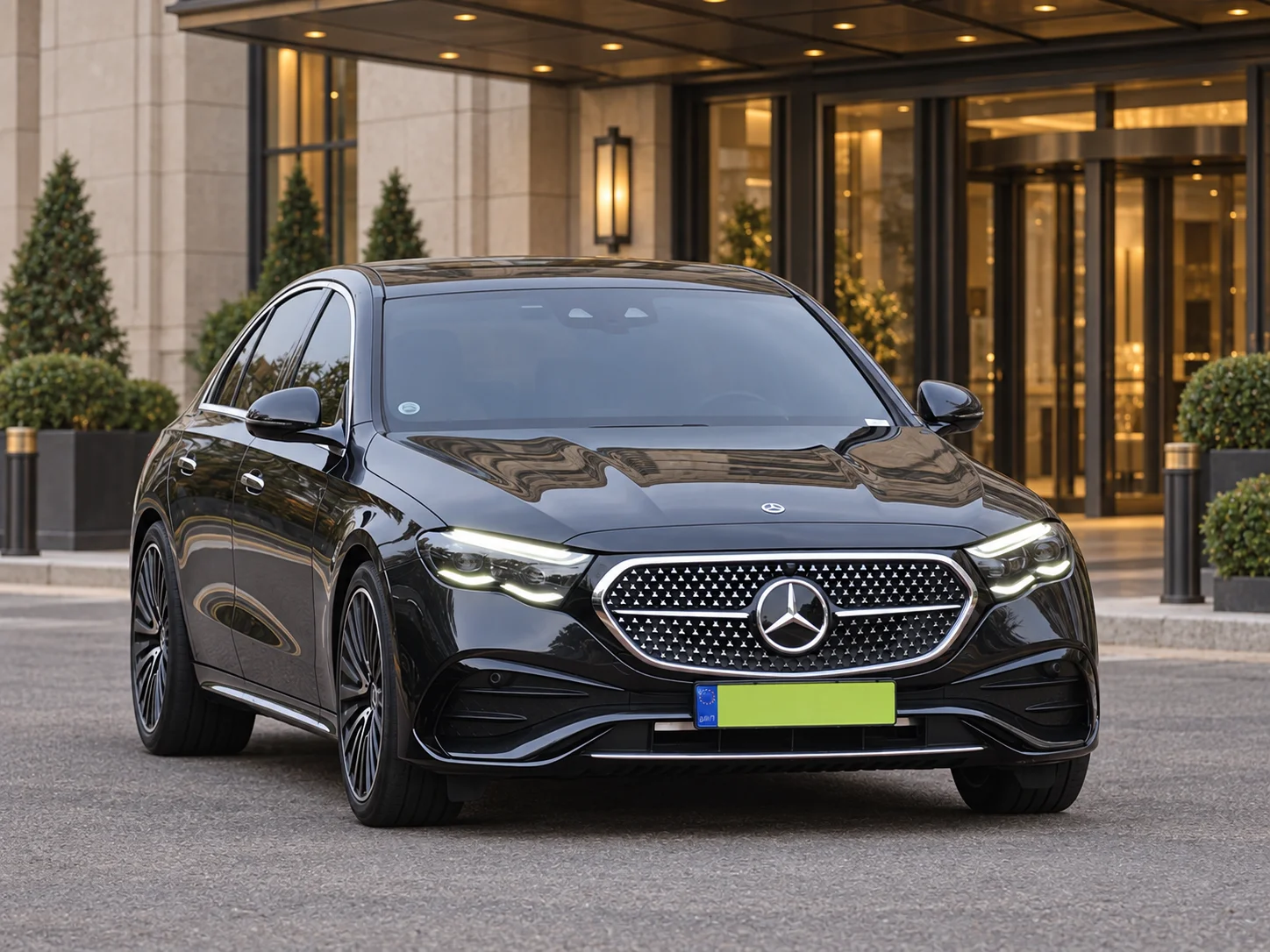 Black Mercedes-Benz E-Class W214 sedan, full front three-quarter view