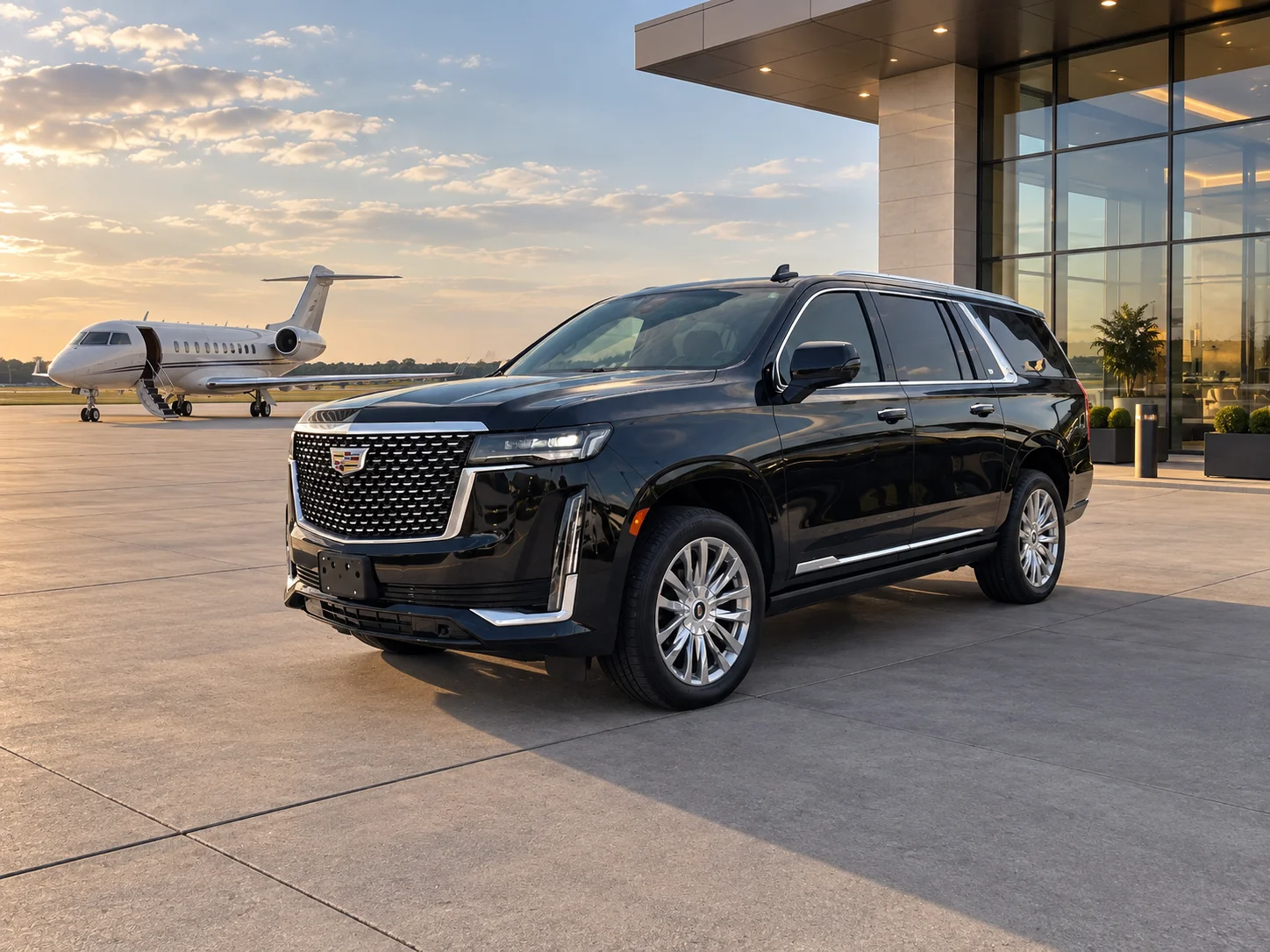 Black Cadillac Escalade in a full front three-quarter view, from the PRT supplied photograph
