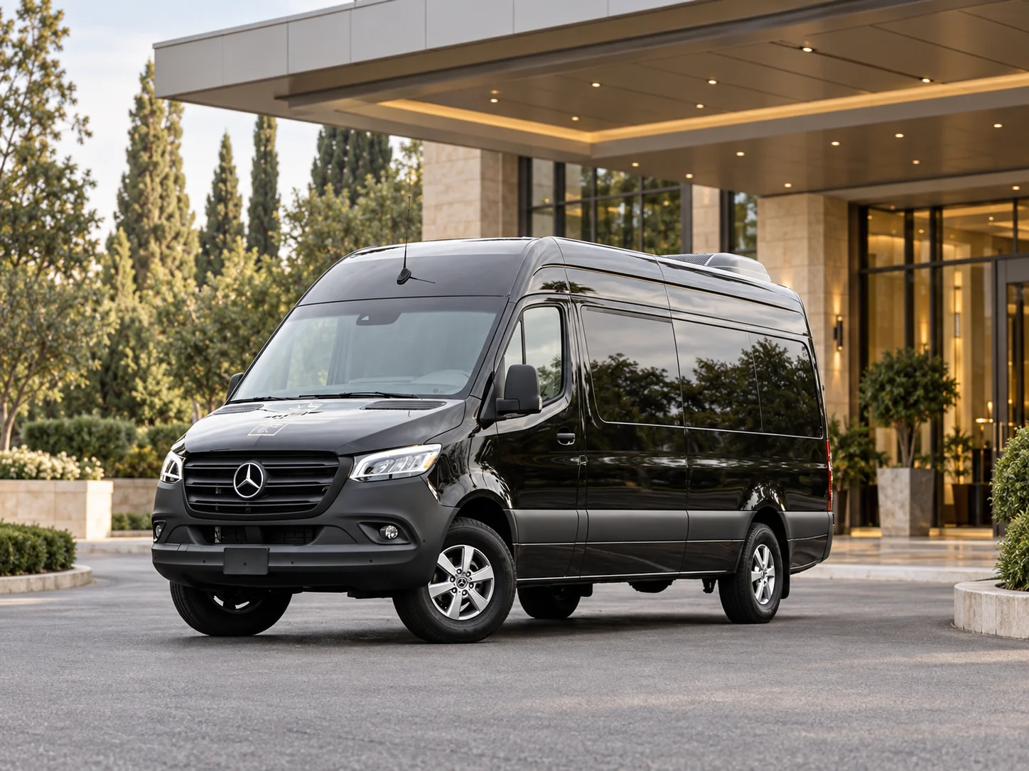Full exterior of a black Mercedes-Benz Sprinter van